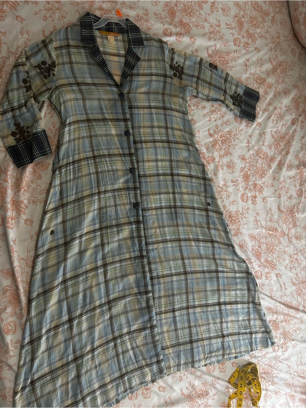 Plaid Button-Front Nishatlinen Dress- Light Blue & Olive size small